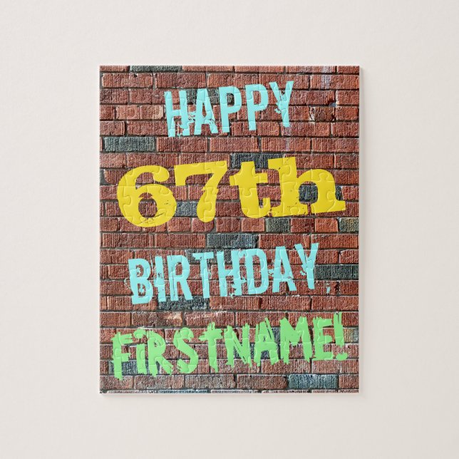Brick Wall Graffiti Inspired 67th Birthday + Name Jigsaw Puzzle (Vertical)