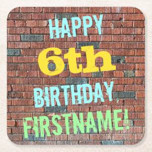 Brick Wall Graffiti Inspired 6th Birthday + Name Square Paper Coaster
