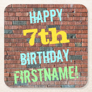 Brick Wall Graffiti Inspired 7th Birthday + Name Square Paper Coaster