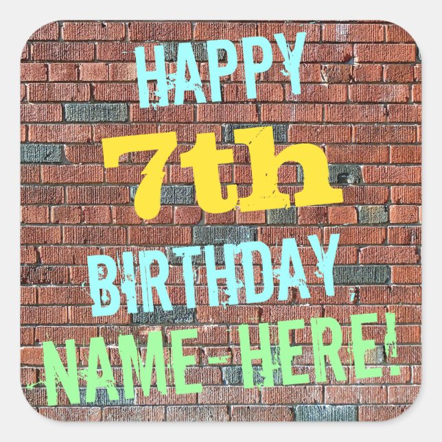 Brick Wall Graffiti Inspired 7th Birthday + Name Square Sticker (Front)