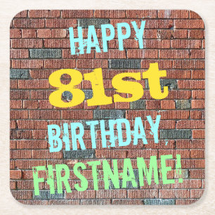 Brick Wall Graffiti Inspired 81st Birthday + Name Square Paper Coaster