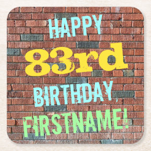 Brick Wall Graffiti Inspired 83rd Birthday + Name Square Paper Coaster