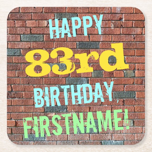 Brick Wall Graffiti Inspired 83rd Birthday + Name Square Paper Coaster (Front)