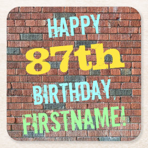 Brick Wall Graffiti Inspired 87th Birthday + Name Square Paper Coaster