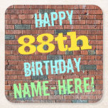 Brick Wall Graffiti Inspired 88th Birthday   Name Square Paper Coaster<br><div class="desc">This fun birthday-themed coaster design features a message like "HAPPY 88th BIRTHDAY, NAME-HERE!", where the name can be personalized. The background features a representation of a brick wall consisting of some reddish-brown coloured bricks. The customizable message text features colours like blue, yellow, and green, and it has an appearance inspired...</div>