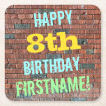 Brick Wall Graffiti Inspired 8th Birthday   Name Square Paper Coaster<br><div class="desc">This fun birthday-themed coaster design features a message like "HAPPY 8th BIRTHDAY, FIRSTNAME!", where the name can be personalized. The background features a representation of a brick wall consisting of some reddish-brown coloured bricks. The customizable message text features colours like blue, yellow, and green, and it has an appearance inspired...</div>