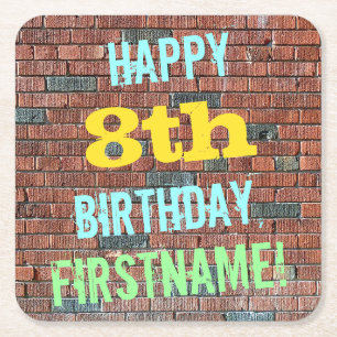 Brick Wall Graffiti Inspired 8th Birthday + Name Square Paper Coaster