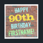 Brick Wall Graffiti Inspired 90th Birthday   Name Napkin<br><div class="desc">This fun birthday-themed paper napkin design features a message like "HAPPY 90th BIRTHDAY, FIRSTNAME!", where the name can be personalized. The background features a representation of a brick wall consisting of some reddish-brown coloured bricks. The customizable message text features colours like blue, yellow, and green, and it has an appearance...</div>