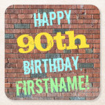 Brick Wall Graffiti Inspired 90th Birthday   Name Square Paper Coaster<br><div class="desc">This fun birthday-themed coaster design features a message like "HAPPY 90th BIRTHDAY, FIRSTNAME!", where the name can be personalized. The background features a representation of a brick wall consisting of some reddish-brown coloured bricks. The customizable message text features colours like blue, yellow, and green, and it has an appearance inspired...</div>