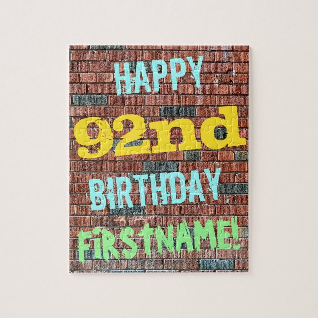 Brick Wall Graffiti Inspired 92nd Birthday + Name Jigsaw Puzzle (Vertical)