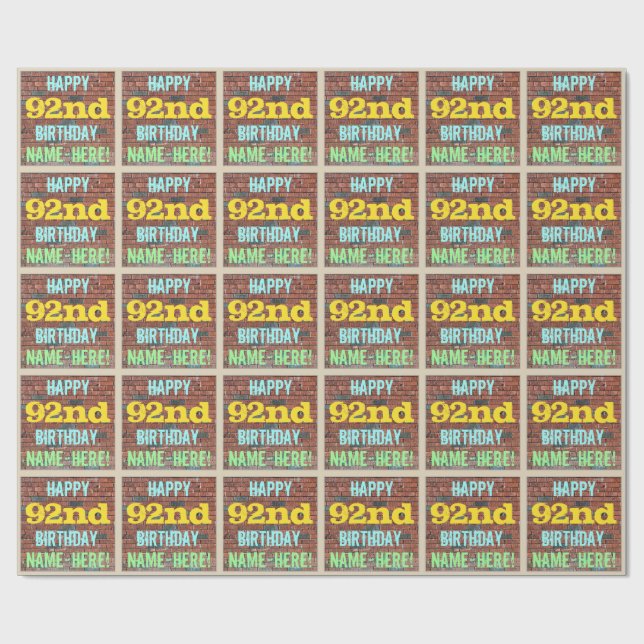 Brick Wall Graffiti Inspired 92nd Birthday + Name Wrapping Paper (Flat)