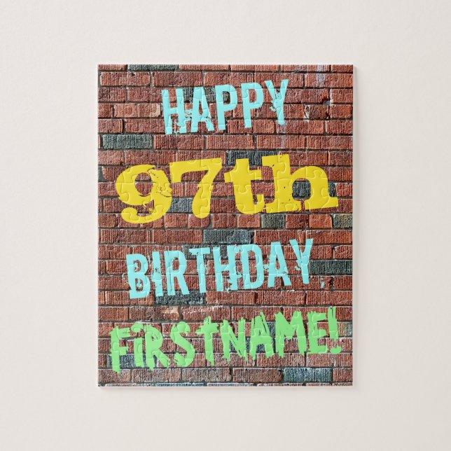 Brick Wall Graffiti Inspired 97th Birthday + Name Jigsaw Puzzle (Vertical)