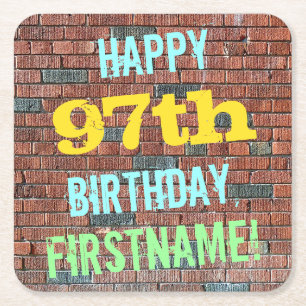 Brick Wall Graffiti Inspired 97th Birthday + Name Square Paper Coaster