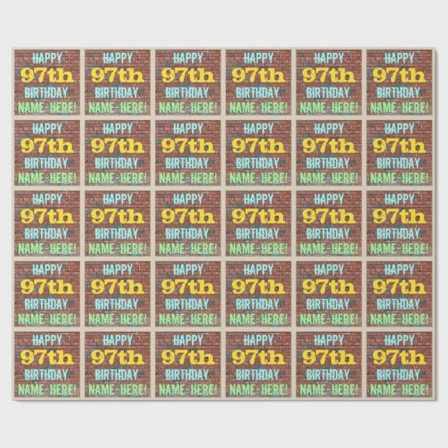 Brick Wall Graffiti Inspired 97th Birthday + Name Wrapping Paper (Flat)
