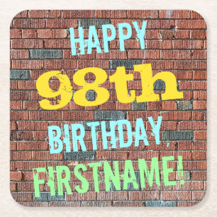Brick Wall Graffiti Inspired 98th Birthday + Name Square Paper Coaster