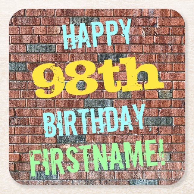 Brick Wall Graffiti Inspired 98th Birthday + Name Square Paper Coaster (Front)