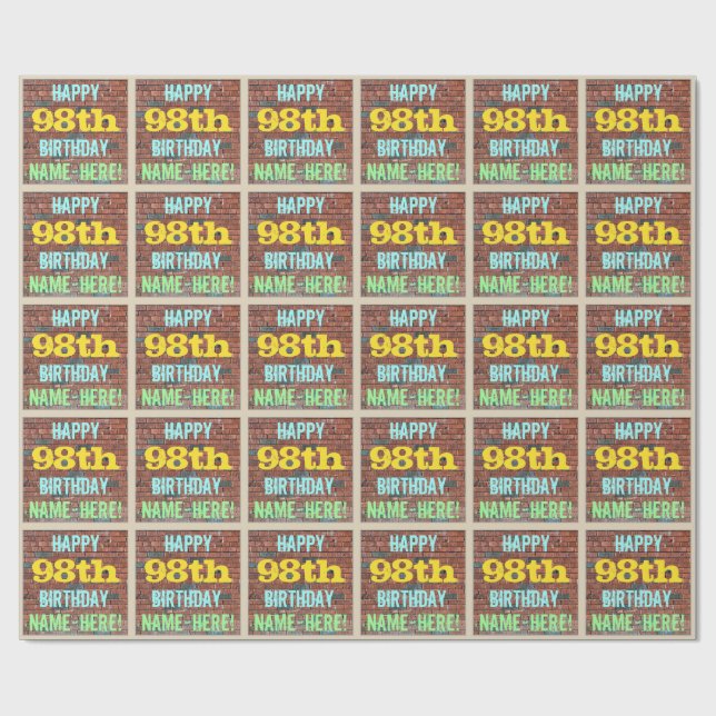 Brick Wall Graffiti Inspired 98th Birthday + Name Wrapping Paper (Flat)