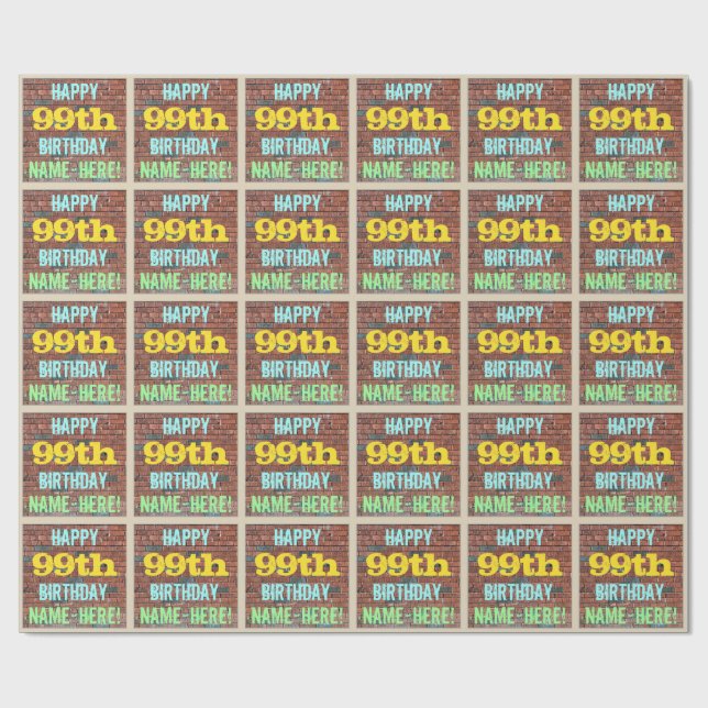 Brick Wall Graffiti Inspired 99th Birthday + Name Wrapping Paper (Flat)