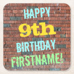 Brick Wall Graffiti Inspired 9th Birthday   Name Square Paper Coaster<br><div class="desc">This fun birthday-themed coaster design features a message like "HAPPY 9th BIRTHDAY, FIRSTNAME!", where the name can be personalized. The background features a representation of a brick wall consisting of some reddish-brown coloured bricks. The customizable message text features colours like blue, yellow, and green, and it has an appearance inspired...</div>