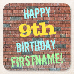 Brick Wall Graffiti Inspired 9th Birthday + Name Square Paper Coaster