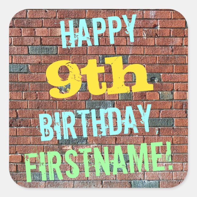 Brick Wall Graffiti Inspired 9th Birthday + Name Square Sticker (Front)
