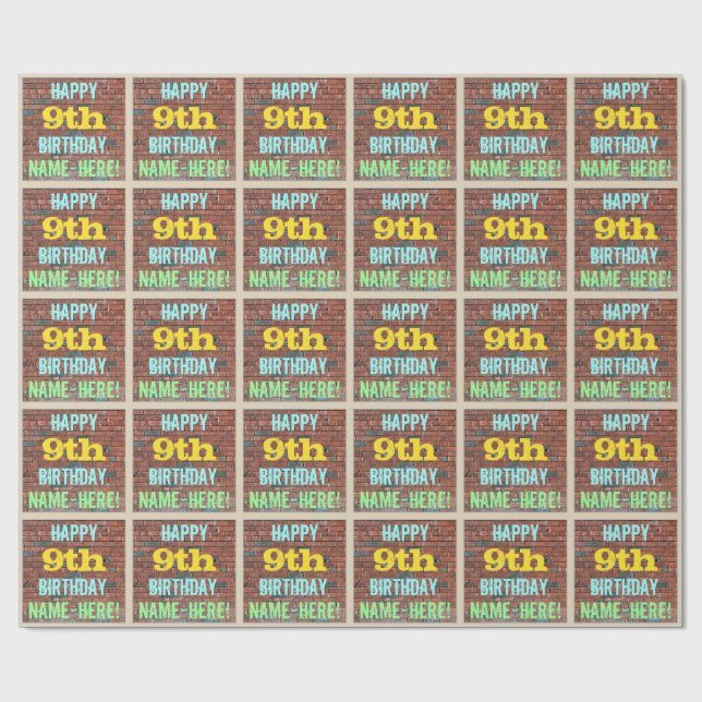 Brick Wall Graffiti Inspired 9th Birthday + Name Wrapping Paper (Flat)