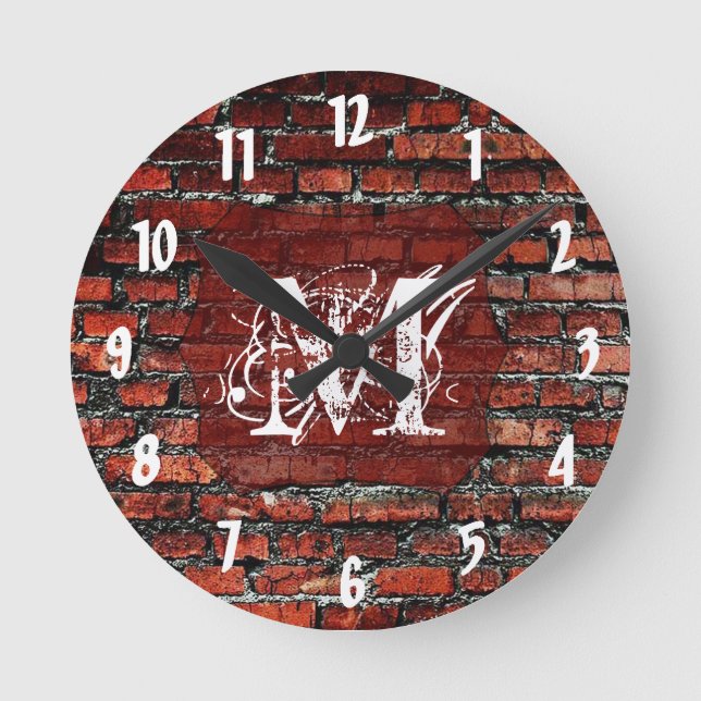 Brick Wall Grunge Monogram Initial Wall Clock (Front)