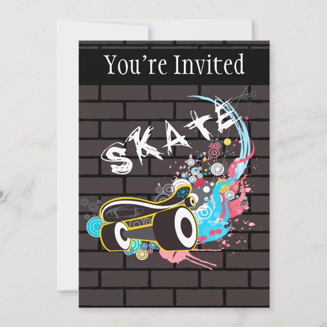 Brick Wall Skate Graffiti Logo With Board Invitation (Front)