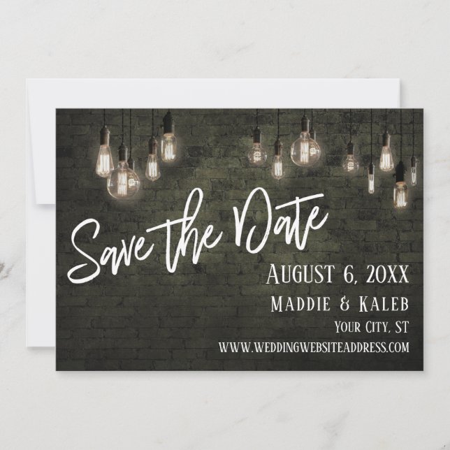 Bricks and Edison Lights Save the Date w/ Details (Front)