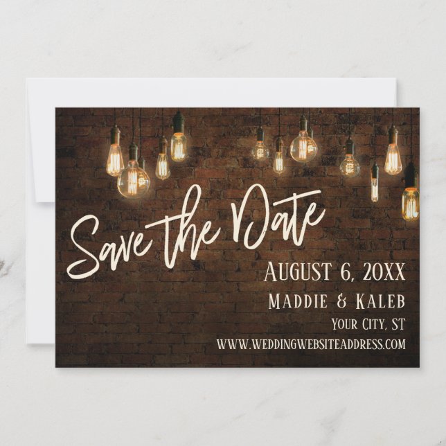 Bricks and Edison Lights Save the Date w/ Details (Front)