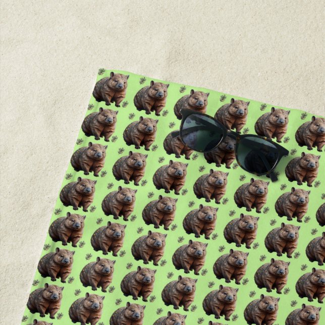 Brickwork Burrow: A Wombat's Green Canvas, Beach Towel (In Situ)