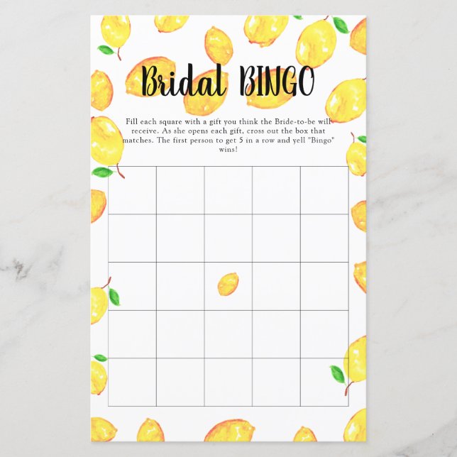 Bridal Bingo Bridal Shower Game Lemon Party (Front)