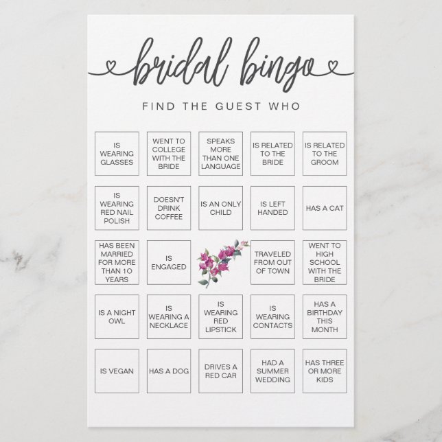  Bridal Bingo Find the Guest Bridal Shower Game (Front)