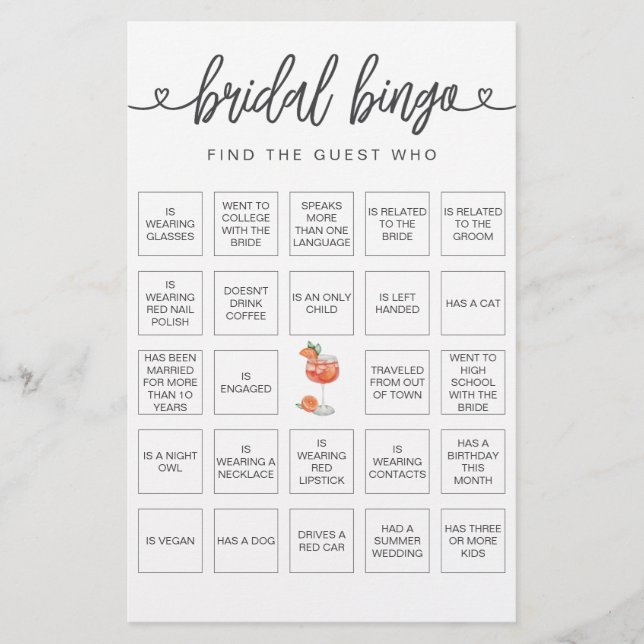  Bridal Bingo Find the Guest Bridal Shower Game (Front)