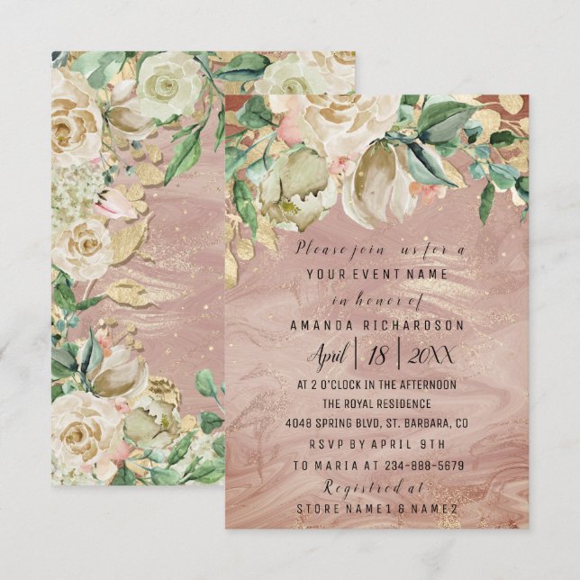 Bridal Birthday Flower Gold Mint Rose Marble Frame Invitation (Front/Back)