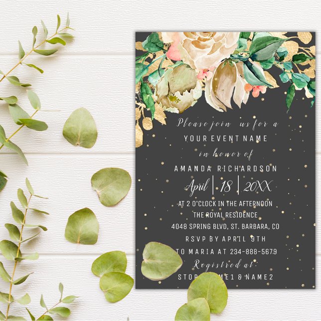 Bridal Birthday Flowers Gold Mint White Watercolor Invitation (Bridal Birthday Flowers Gold Mint White Watercolor Invitation)