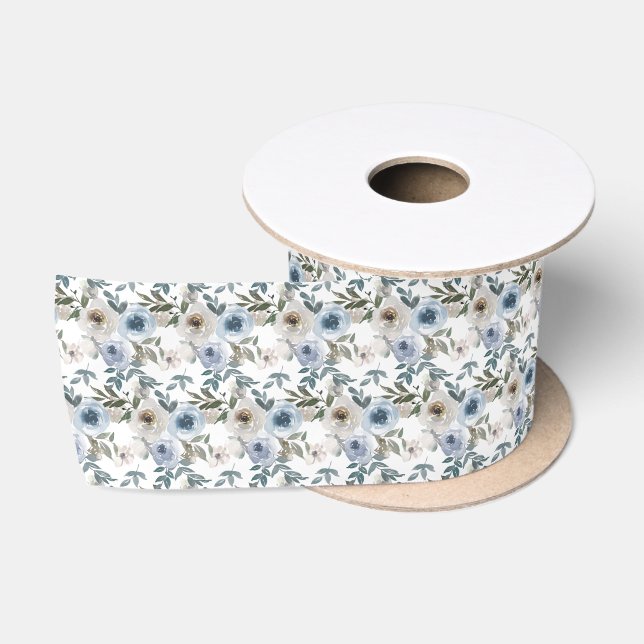 Bridal Blue and White Watercolor Roses  Satin Ribbon (Spool)