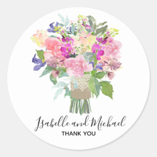 Bridal Bouquet Personalized Wedding Thank You Classic Round Sticker