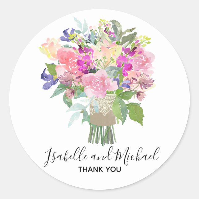 Bridal Bouquet Personalized Wedding Thank You Classic Round Sticker (Front)