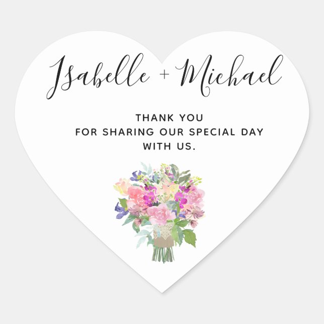 Bridal Bouquet Personalized Wedding Thank You Heart Sticker (Front)