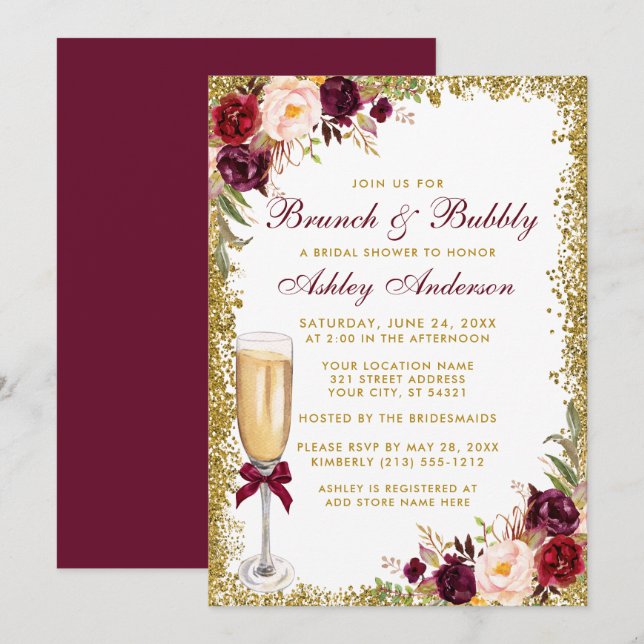 Bridal Brunch Bubbly Burgundy Floral Gold Glitter Invitation (Front/Back)