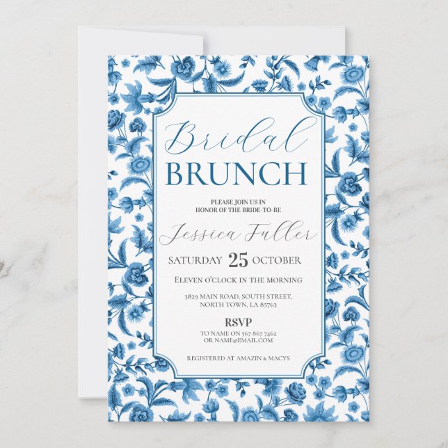 Bridal Brunch Chintz Blue & White Floral Ditsy Invitation (Front)