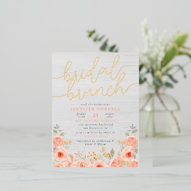Bridal Brunch Hand-Painted Roses & Script In Real Foil Invitation Postcard (Standing Front)