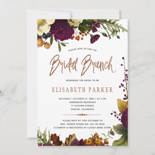 Bridal brunch modern fall floral bridal shower invitation (Front)