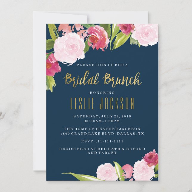 Bridal Brunch Shower Invitation Navy and Gold (Front)