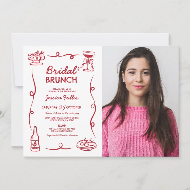Bridal Brunch Whimsical Hand Drawn Photo French Invitation (Front)