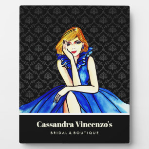 Bridal Dark Royal Blue Cocktail Gown Black Damask Plaque