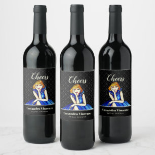 Bridal Dark Royal Blue Cocktail Gown Black Damask Wine Label