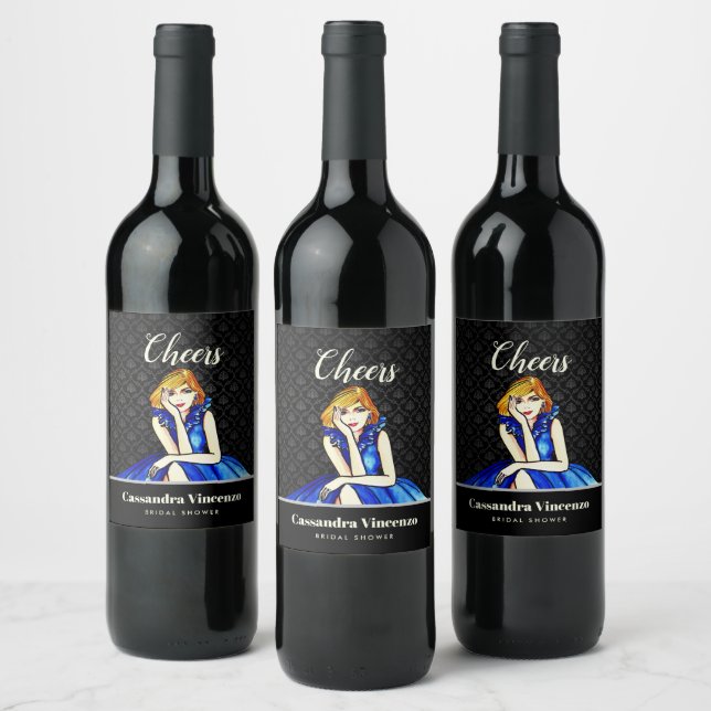 Bridal Dark Royal Blue Cocktail Gown Black Damask Wine Label (Bottles)
