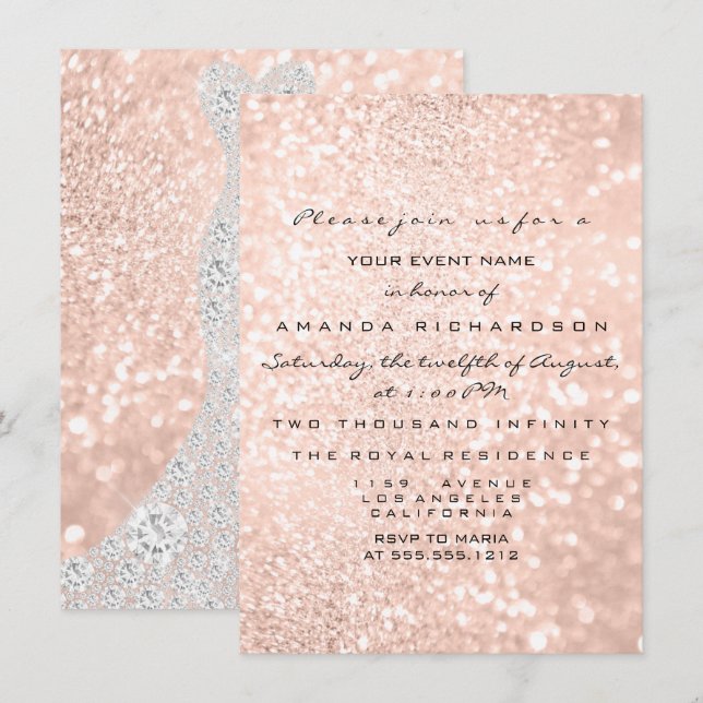 Bridal Dress Spark Rose VIP Blush Rose Diamond Invitation (Front/Back)